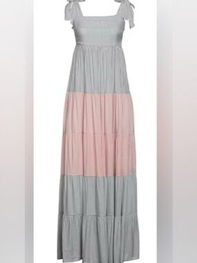 SOALLURE Gray & Blush Mini Stripe Tiered Maxi Sundress with Tie Straps: Size 6